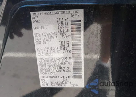 2015 Nissan Pathfinder Sv z USA, uszkodzony, nr VIN 5N1AR2MN9FC670709